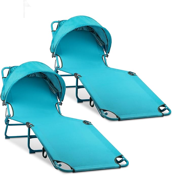 Colorsoul 2 Pack Tanning Chair with Sun Canopy,Adjustable 4-Position Beach Lounge Chair for Adults,Heavy Duty Folding Outdoor Lounge Chair,for Patio Poolside Sunbathing,UPF 50+,300 LBS,Blue