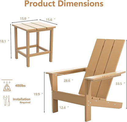 ALAULM 3-Piece Adirondack Chair Set with Table,HDPE All-Weather Resistant,Heavy Duty Wooden Textured Finish Outdoor Chair for Patio,Garden,Poolside-Beige