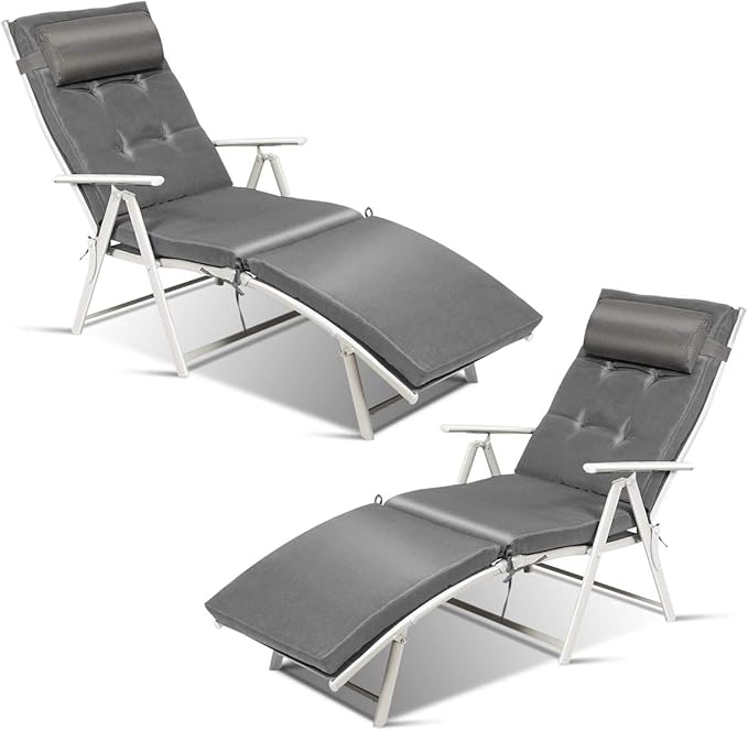 Tangkula 2 PCS Outdoor Folding Chaise Lounge Chair, Lightweight Recliner Chair w/ 7 Adjustable Backrest Positions