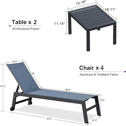 PURPLE LEAF 6-Piece Patio Chaise Lounge Outdoor Pool Lounge Chairs with Adjustable Backrest and Side Tables Aluminum Reclining Sunbathing Tanning Chair for Outside Poolside Yard Balcony, Indigo