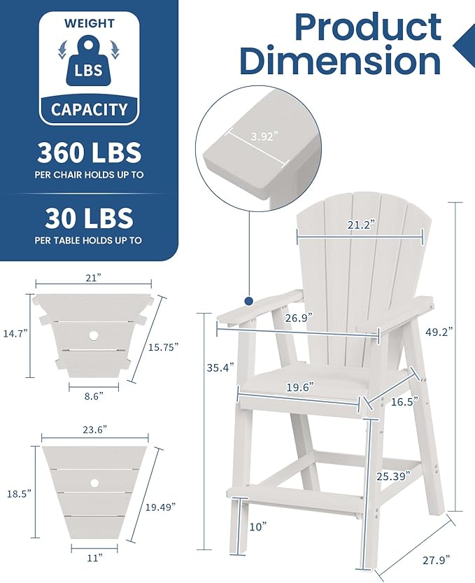 Ciokea Tall Adirondack Chairs Set of 4, HDPE Outdoor Adirondack Bar Stools with Double Connecting Tray - Photo 4