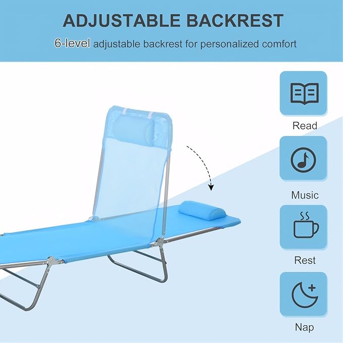Outdoor Tanning Chair with Pillow, Folding Chaise Lounge Chair with Adjustable Backrest, Portable Lay Flat Beach Lounge Chairs for Sunbathing Poolside Patio Lawn Camping(Blue 2)