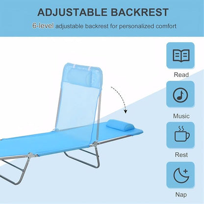 Outdoor Tanning Chair with Pillow, Folding Chaise Lounge Chair with Adjustable Backrest, Portable Lay Flat Beach Lounge Chairs for Sunbathing Poolside Patio Lawn Camping(Blue 2)