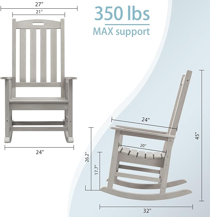 Psilvam Oversized Outdoor Rocking Chair Set of 2, Porch Rocker with 21" Wide Seat and 32" Tall Backrest, Pre-Assembled with Most Components for Effortless Installation (Grey)
