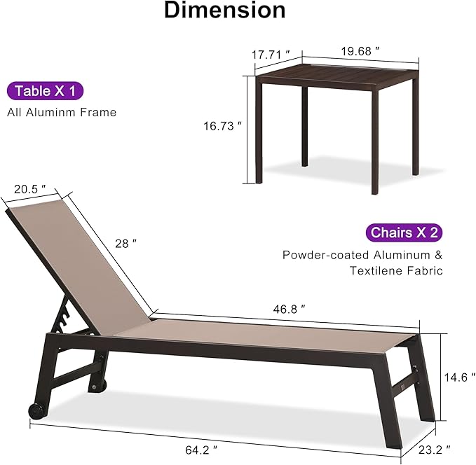 PURPLE LEAF Outdoor Chaise Lounge Chair Set of 2, Patio Pool Textilene Loungers with Adjustable Backrest and Wheels, Includes Side Table for Deck, Lawn, Garden, Taupe
