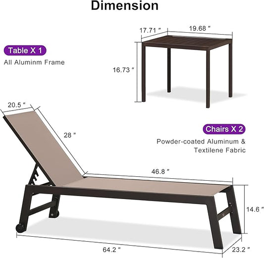 PURPLE LEAF Outdoor Chaise Lounge Chair Set of 2, Patio Pool Textilene Loungers with Adjustable Backrest and Wheels, Includes Side Table for Deck, Lawn, Garden, Taupe