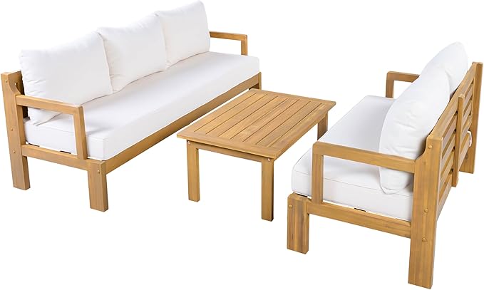 3 Piece Acacia Wood Patio Furniture Set with Coffee Table & Cushions Outdoor Conversation Set with 2 Loveseat for Porch - Photo 3