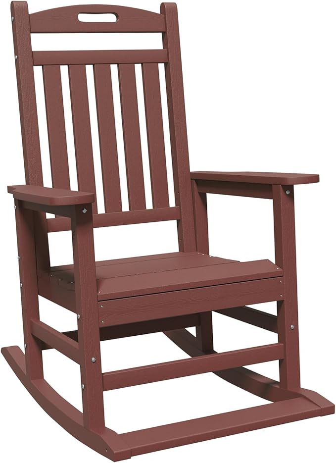 PLUUV Outdoor Rocking Chair, HDPE Patio Rocking Chairs with Footboard, All Weather Porch Rockers Outdoor for Adult, Effortless Installation, Coffee