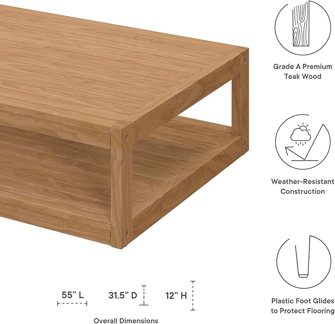 Modway Carlsbad Teak Wood Coffee Table, Natural
