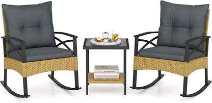 Tangkula 3 Pieces Outdoor Rocking Chairs Set, Rattan Heavy Duty Cushioned Rocker Chairs with 2-Tier Tempered Glass Coffee Table, for Garden, Balcony, Backyard (Yellow+Gray)