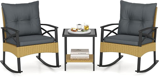 Tangkula 3 Pieces Outdoor Rocking Chairs Set, Rattan Heavy Duty Cushioned Rocker Chairs with 2-Tier Tempered Glass Coffee Table, for Garden, Balcony, Backyard (Yellow+Gray)