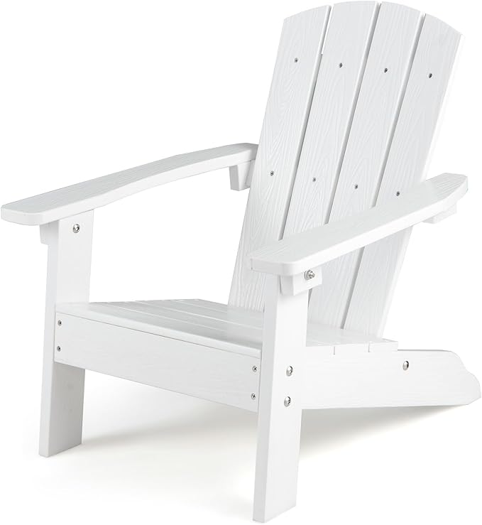 KOTEK Kids Adirondack Chair, Plastic Toddler Lawn Chair with Ergonomic Seat, Wood-Grain Texture, Easy to Assemble, All-Weather Outdoor Kids Chairs for Patio, Garden, Backyard (White)