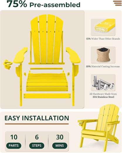 BRIOPAWS Folding-Adirondack-Chairs Set of 2 | HDPE | Fire Pit Chair | Cup Holder | Weather Resistance | Yellow | for Outdoor Backyard Deck Patio