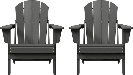 Costaelm Folding Patio Chairs Set of 2, Hdpe Adirondack Chairs Front Porch Furniture Outdoor Seating, All Weather Tanning Chair for Backyard Firepit Garden Lawn, Gray