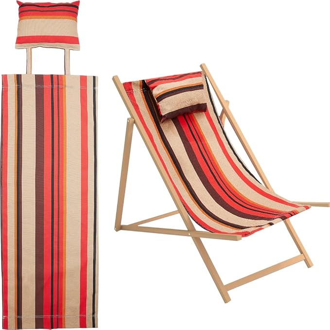 GORGECRAFT Beach Sling Chair Canvas Cloth with Pillow 44x17 Red and Yellow Striped Casual Lounge Chair Replacement - Photo 1