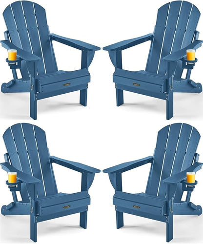 Ciokea Folding Adirondack Chair 4 Pack, Patio Adirondack Chair Weather Resistant, Plastic Fire Pit Chair with Cup Holder, Lawn Chair for Outdoor Porch Garden Backyard Deck (Royal Blue)