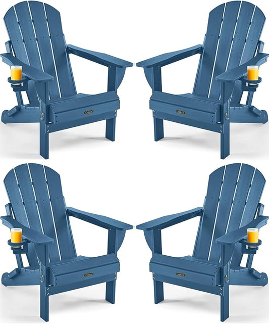 Ciokea Folding Adirondack Chair 4 Pack, Patio Adirondack Chair Weather Resistant, Plastic Fire Pit Chair with Cup Holder, Lawn Chair for Outdoor Porch Garden Backyard Deck (Royal Blue)