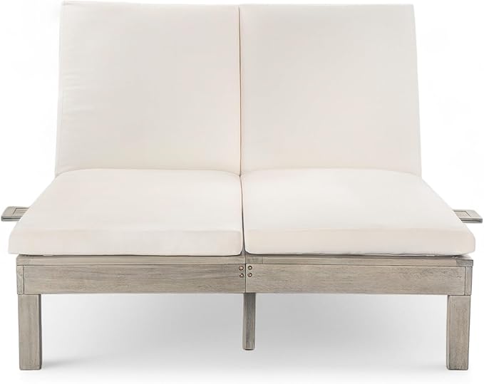 Outdoor Double Chaise Lounge with 5-Position Adjustable Backrest, Cushion and Folding Side Trays for 2 Person - Photo 5