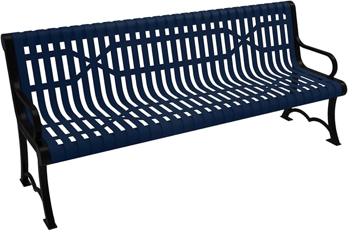 COATEDOUTDOORFURNITURE Heavy-Duty Outdoor Bench Thermoplastic Coated, Slated Steel, Commercial-Grade Garden Bench, Made in America (Portable with Back, 6 Ft, Textured Dark Blue)