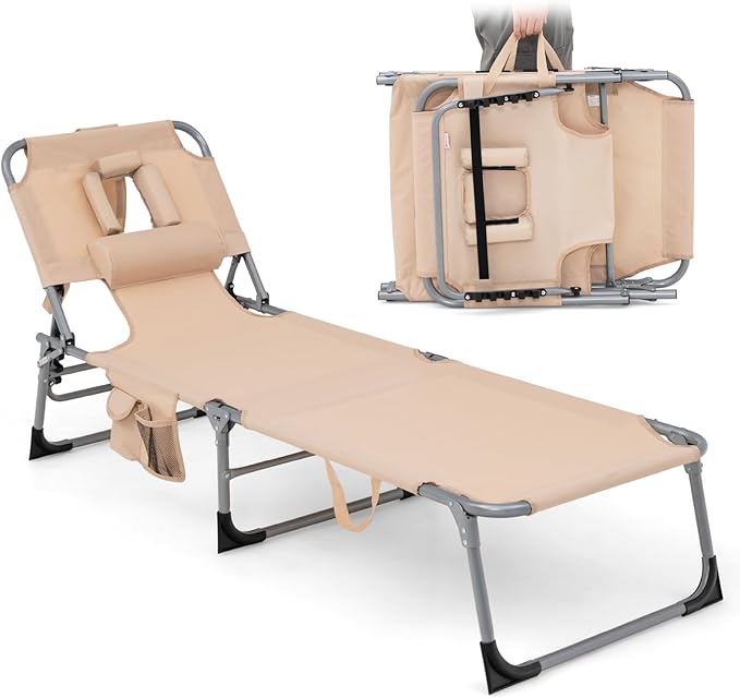 Goplus Tanning Chair, Folding Adjustable Patio Lounge Chair with Face Hole, Removable Pillow, 330LBS, Carry Strap - Photo 1