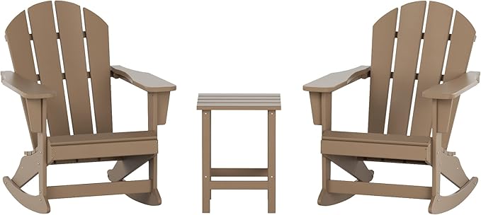 WO WESTIN OUTDOOR HDPE Laguna Outdoor Rocking Poly Adirondack Chair with Side Table 3-Piece Set, Weathered Wood