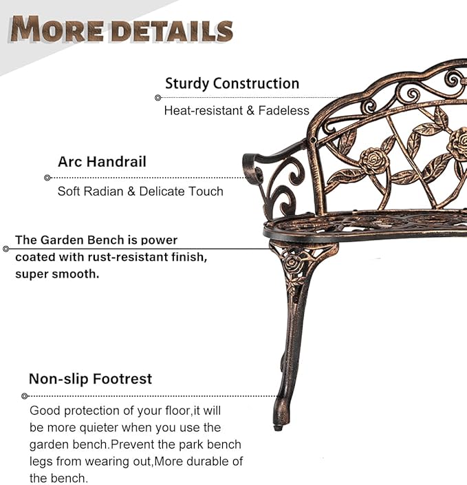 JOYBASE Outdoor Patio Bench - Cast Iron & Aluminum Garden Bench, Bronze Finish