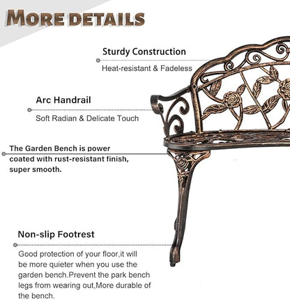 JOYBASE Outdoor Patio Bench - Cast Iron & Aluminum Garden Bench, Bronze Finish