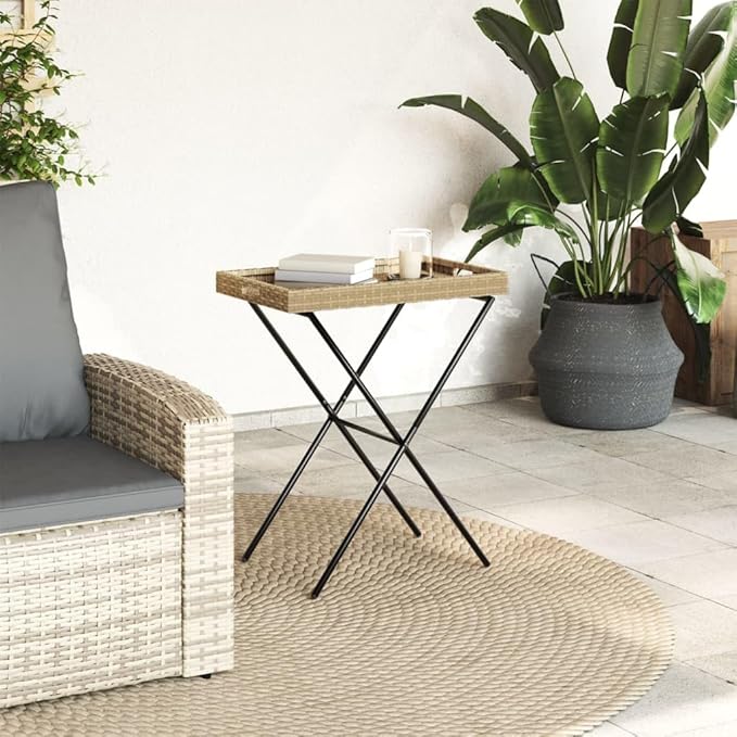 Folding Tray Table, Outdoor coffee table Outdoor Dining Table Outdoor side table Patio table Patio Bistro Accent Table Suitable for Garden Patio Backyard Deck Beige 25.6"x15.7"x29.5" Poly Rattan