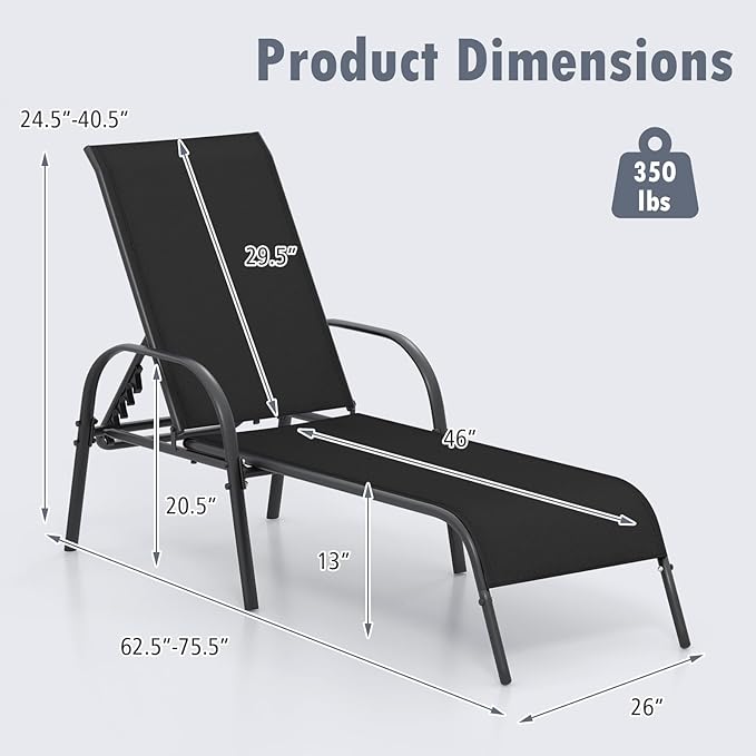 Nightcore Chaise Lounge Chair Outdoor, Pool Chair with 5 Adjustable Backrest, Patio Lounge Chairs with Breathable Fabric, Comfortable Armrest, Chaise Lounge for Patio, Pool, Bench (1, Black)