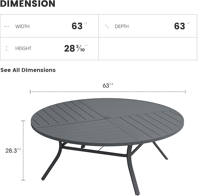 Patio Dining Table for 8-10, Round Metal Outdoor Table with Storage Shelf, 1.57" Umbrella Hole, 63" Outdoor Quartered Tabletop Dining Table for Backyard, Porch, Lawn, Dark Grey