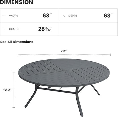 Patio Dining Table for 8-10, Round Metal Outdoor Table with Storage Shelf, 1.57" Umbrella Hole, 63" Outdoor Quartered Tabletop Dining Table for Backyard, Porch, Lawn, Dark Grey