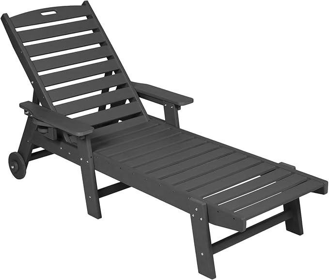 Lounge Chair Outdoor with Wood Texture, Oversized Chaise Lounge Chairs Outside with 5-Position Adjustable Backrest - Photo 5