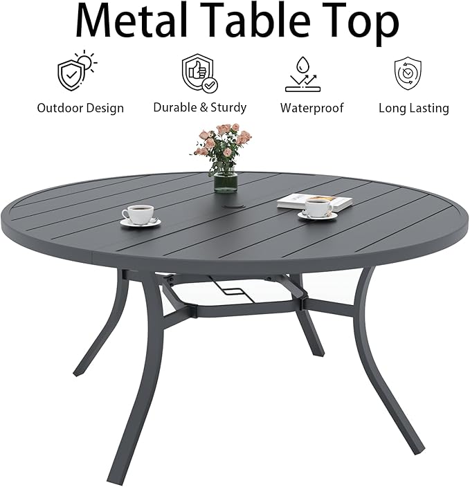Outdoor Patio Round Dining Table, 54"x 54" Metal Slatted Round Tabletop with Adjustable Umbrella Hole for Deck Lawn Garden Backyard Balcony Deck, Black