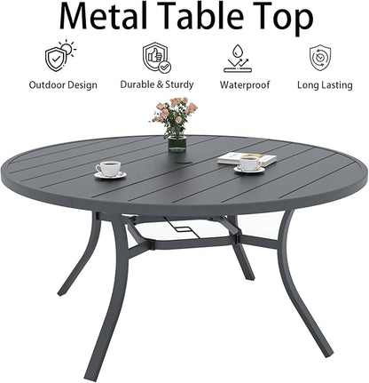 Outdoor Patio Round Dining Table, 54"x 54" Metal Slatted Round Tabletop with Adjustable Umbrella Hole for Deck Lawn Garden Backyard Balcony Deck, Black