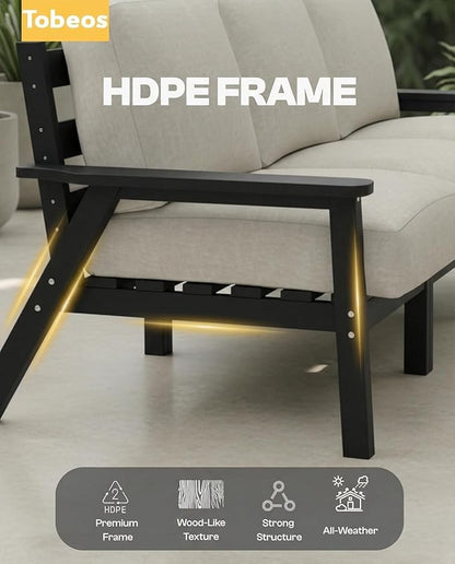 HDPE Patio Furniture Set 8 Seats, Outdoor Couch with Washable Thick Beige Cushions & Side Table, Outdoor Sectional Furniture for Backyard, Deck, Lawn, Porch (Black Frame)