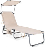Giantex Outdoor Folding Chaise Lounge, Portable Tanning Chair with 5 Adjustable Positions, 360°Rotatable Canopy Shade - Photo 1