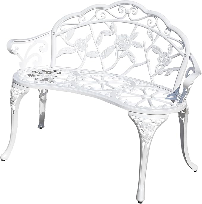 Cast Aluminium Outdoor Bench, Rose Garden Bench for Patio,Park,Lawn,Yard (White)