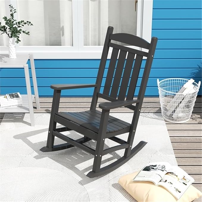 Costaelm Oversized Outdoor Rocking Chair, High Back Porch Rocker Chair, HDPE All Weather Resistant Outdoor Seating Furniture Wide Rocker Chair for Patio, Lawn, Garden, Gray