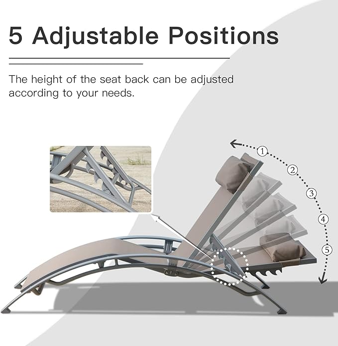 Domi Lounge Chair Set of 3, Aluminum Lounge Chairs for Outside with 5 Adjustable Positions, Chaise Lounge Outdoor for Pool, Garden, Beach, 2 Pool Chairs and 1 Side Table(Khaki)