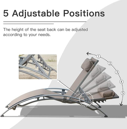 Domi Lounge Chair Set of 3, Aluminum Lounge Chairs for Outside with 5 Adjustable Positions, Chaise Lounge Outdoor for Pool, Garden, Beach, 2 Pool Chairs and 1 Side Table(Khaki)