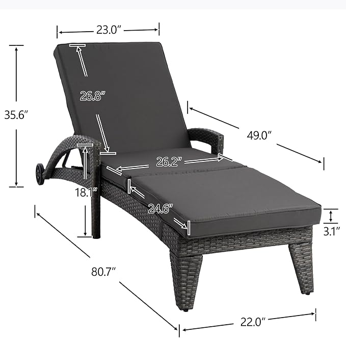 Patio Chaise Lounge Set of 4, Wicker Lounge Chairs Outdoor with Wheels, Heavy Duty Lounger Chair Outdoor - Photo 2
