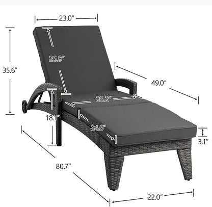 Patio Chaise Lounge Set of 2, Wicker Lounge Chairs Outdoor with Wheels, Heavy Duty Lounger Chair Outdoor, Wicker Chaise Lounges with Armrests All Weather, Solid Grey