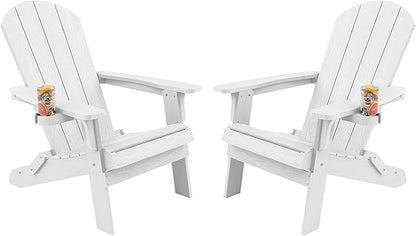 YEFU Adirondack Chair Set of 2, Folding Oversized Plastic Adirondack Chair with Cup Holder, Lawn Chair with Weather Resistant for Outdoor Deck Garden, Weight Capacity Up to 400 Lbs–White