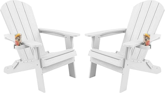 YEFU Adirondack Chair Set of 2, Folding Oversized Plastic Adirondack Chair with Cup Holder, Lawn Chair with Weather Resistant for Outdoor Deck Garden, Weight Capacity Up to 400 Lbs–White