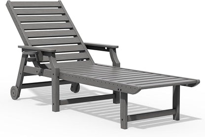 5-Position Adjustable Patio Chaise Lounge - 78'' HDPE Outdoor Lounger with Rolling Wheels & Cup Holder, Longer, Wider, Higher - Perfect for Poolside & Deck, Gray