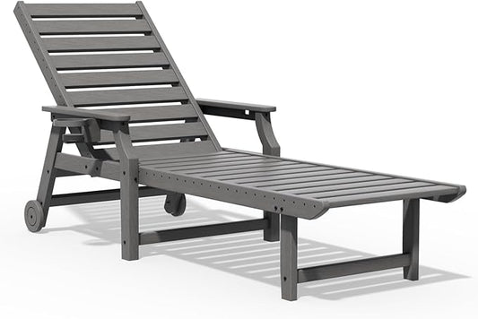 5-Position Adjustable Patio Chaise Lounge - 78'' HDPE Outdoor Lounger with Rolling Wheels & Cup Holder, Longer, Wider, Higher - Perfect for Poolside & Deck, Gray