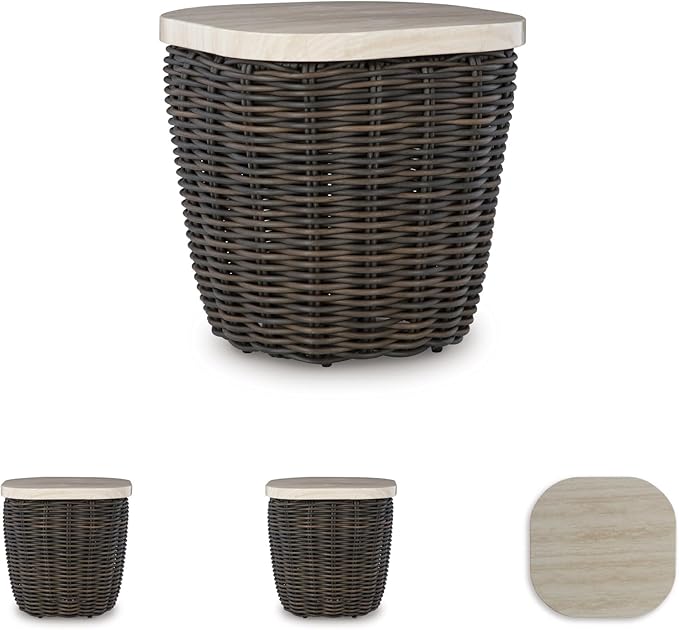Signature Design by Ashley Kimora Cottage Faux Marble Pattern Tabletop Outdoor End Table with Pedestal Base, Dark Brown & Beige