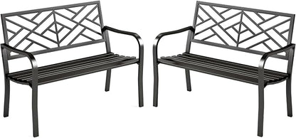 MFSTUDIO Outdoor Metal Bench Set of 2, Garden Patio 43.7 Inches Cast Iron Metal Frame Park Outside Benches with Geometric Pattern Backrest for Front Porch, Black