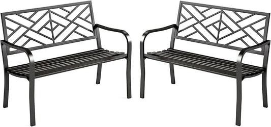 MFSTUDIO Outdoor Metal Bench Set of 2, Garden Patio 43.7 Inches Cast Iron Metal Frame Park Outside Benches with Geometric Pattern Backrest for Front Porch, Black