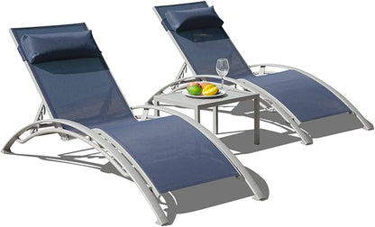 Domi Pool Lounge Chairs Set of 3, Adjustable Aluminum Outdoor Chaise Lounge Chairs with Metal Side Table, All Weather for Deck Lawn Poolside Backyard -Navy Blue Textilene